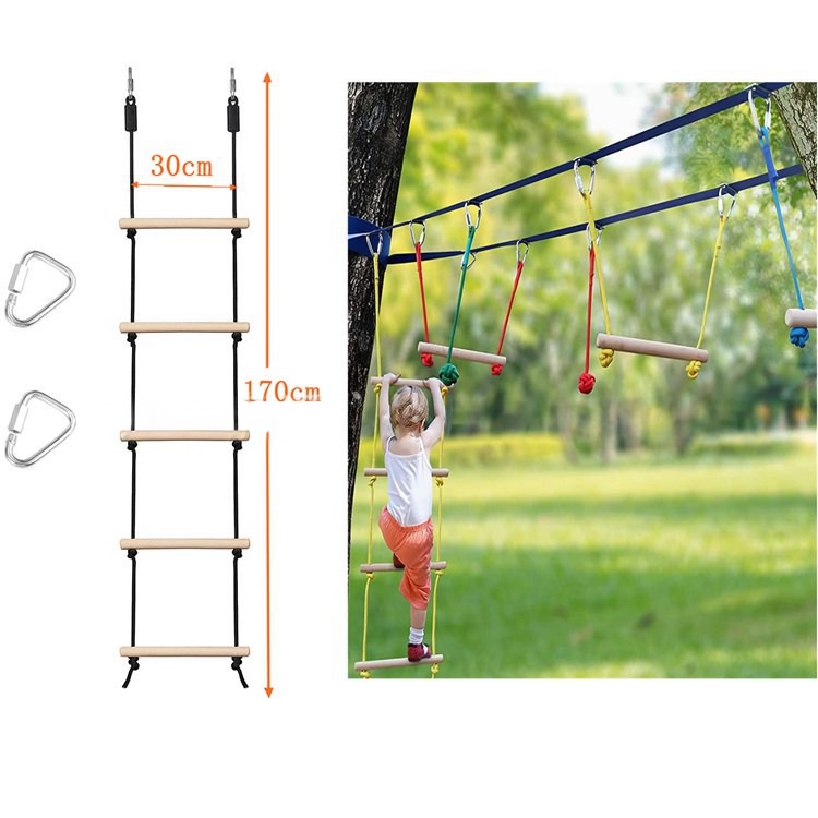 Kids Outdoor Wooden Playset - Children Climbing Rope Ladder Wooden Swing