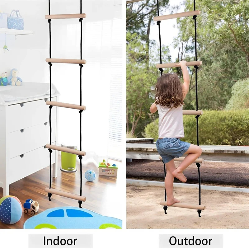 Kids Outdoor Wooden Playset - Children Climbing Rope Ladder Wooden Swing