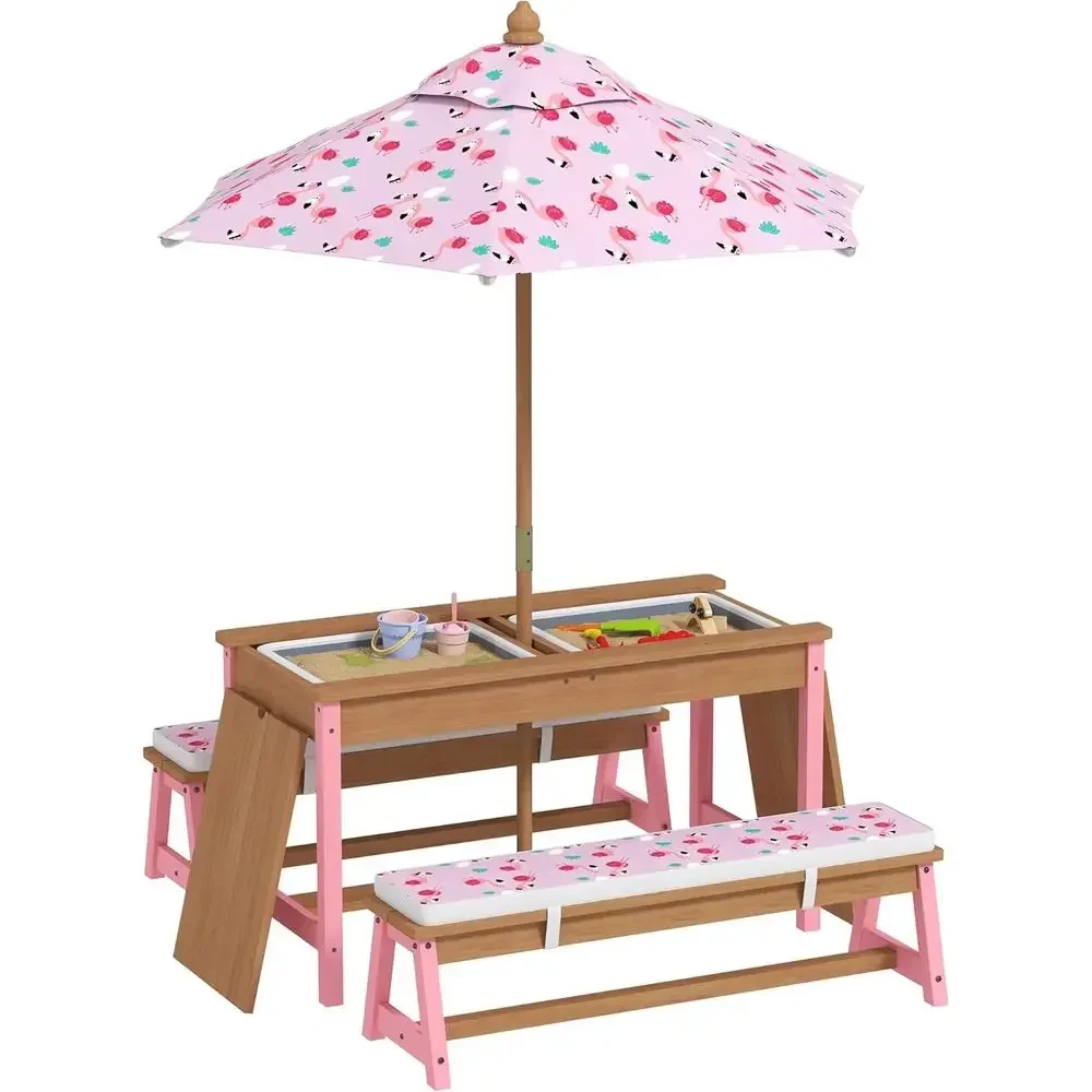 Kids Outdoor Umbrella For Table - Wooden Picnic Table Set with Umbrella,