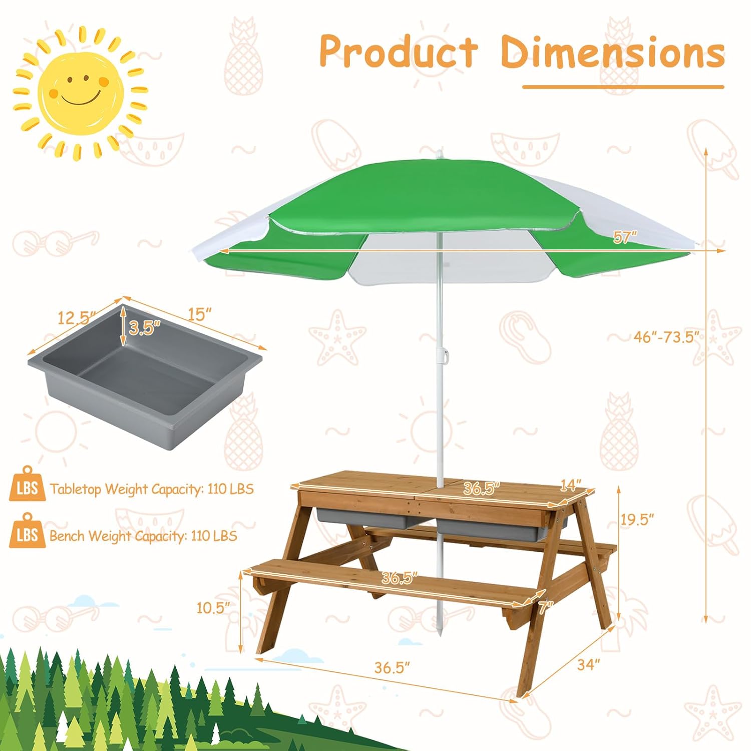 4in1 Cedar Kids Picnic Table w - Kids Outdoor Umbrella For Table 评论和价格