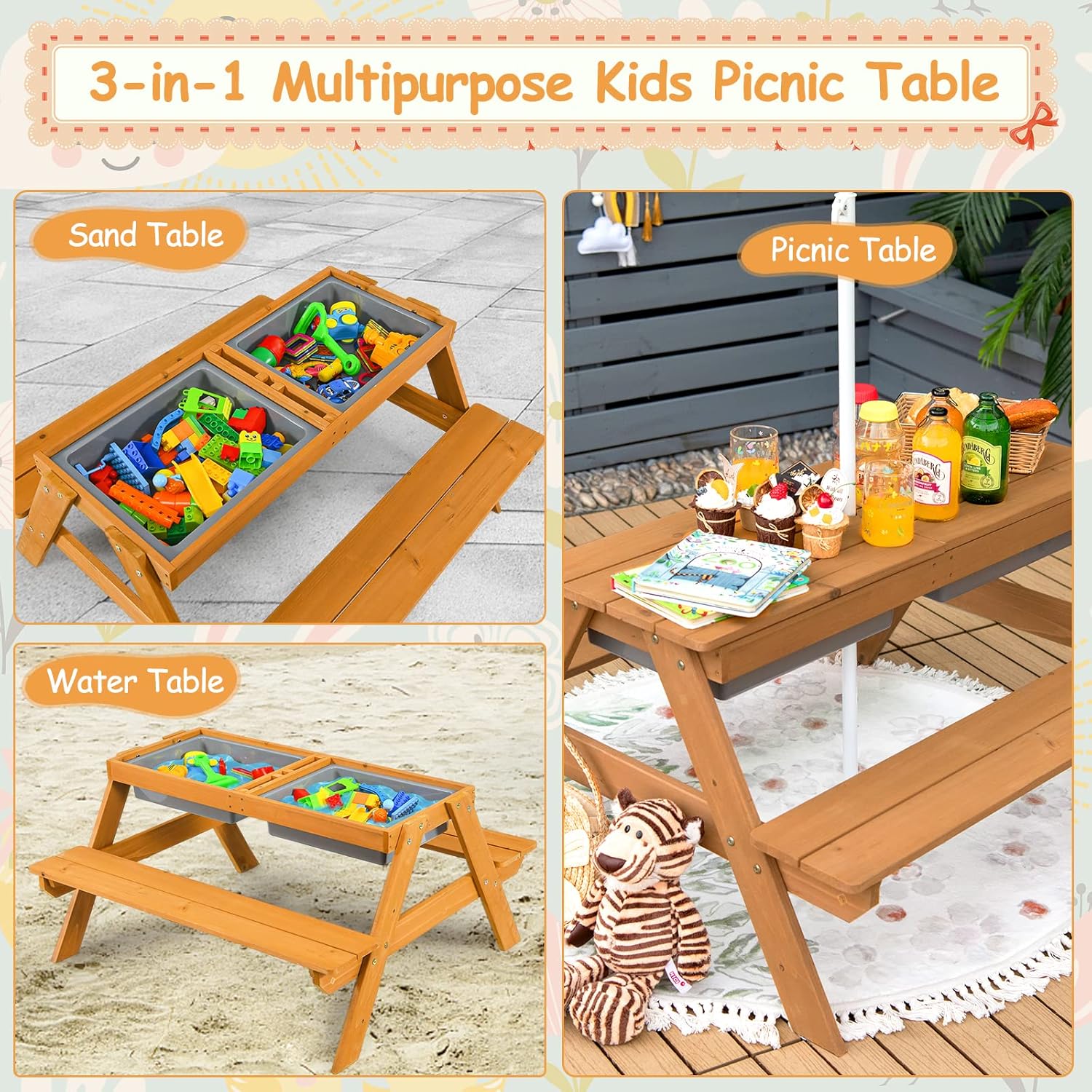 4in1 Cedar Kids Picnic Table w - Kids Outdoor Umbrella For Table 评论和价格