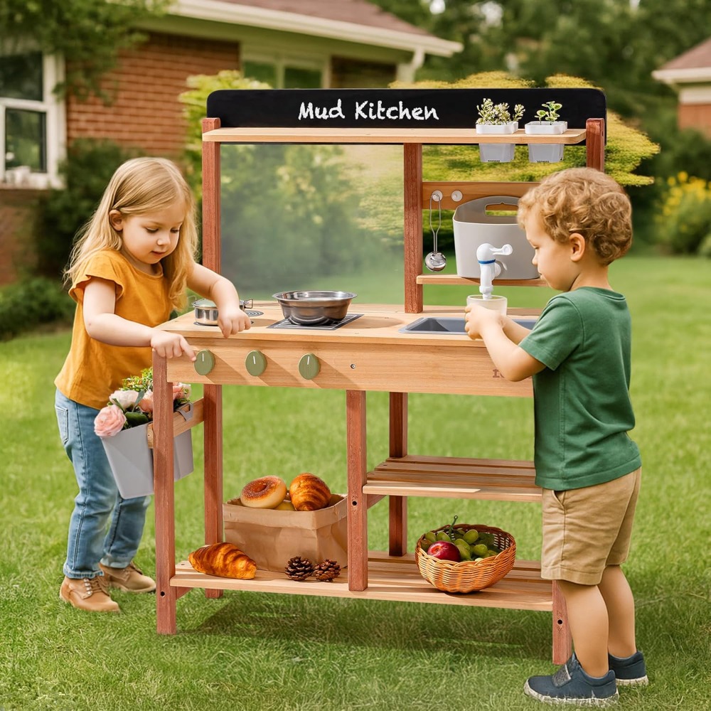 US Shipping Wooden Mud Kitchen - Kids Outdoor Wooden Playset 评论和价格