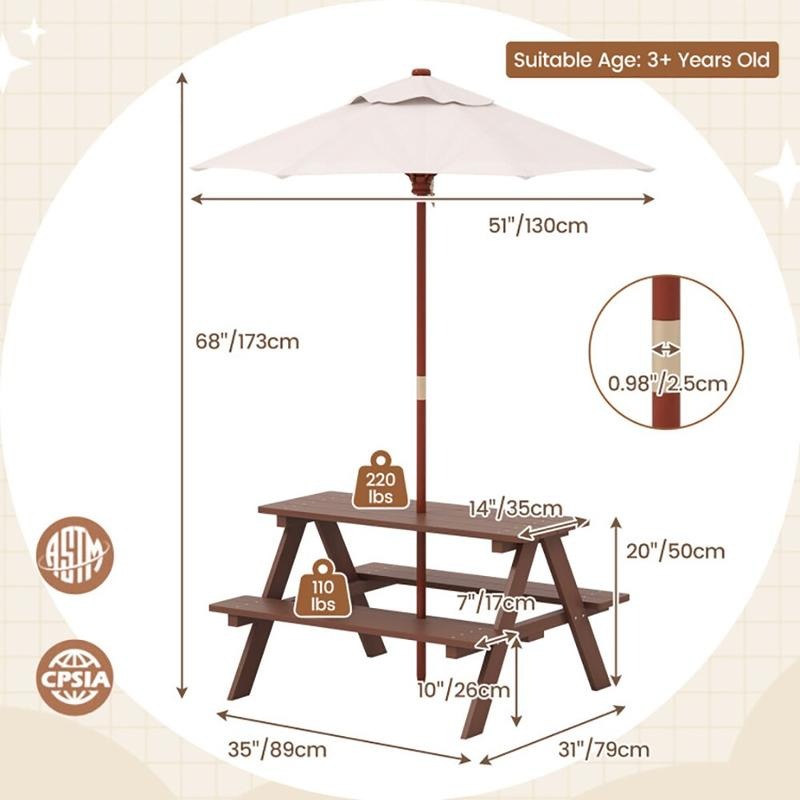 Outdoor 4-Seat Kids Picnic Tab - Kids Outdoor Umbrella For Table 评论和价格