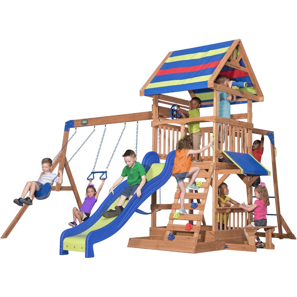 US Shipping Cedar Wood Backyar - Kids Outdoor Monkey Bar Set 评论和价格